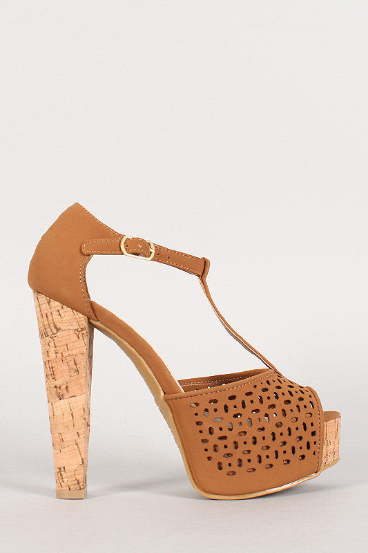 Bamboo Nubuck Perforated T-Strap Cork Platform Heel