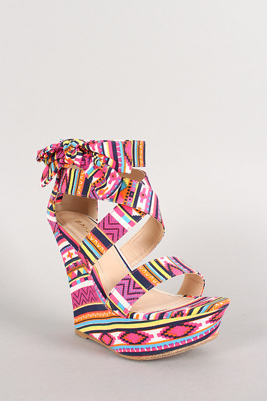 Bamboo Tribal Bow Open Toe Platform Wedge