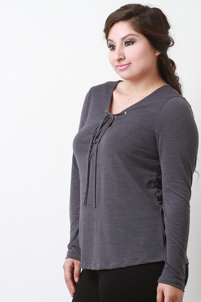 Textured Lace Up Peasant Top