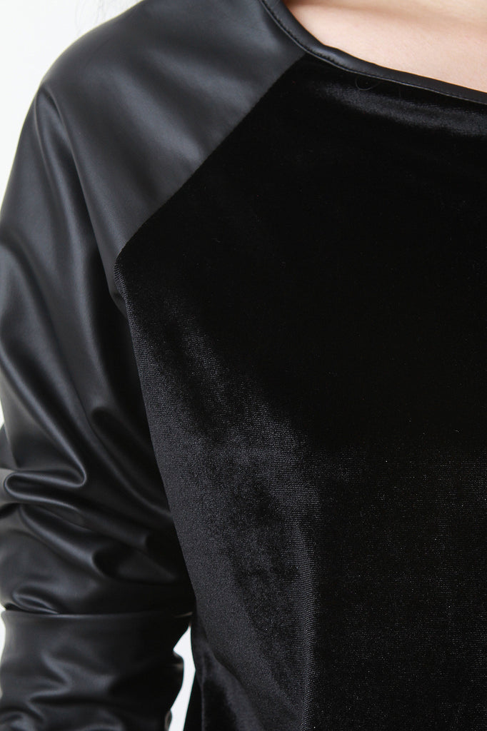 Velvet And Vegan Leather Raglan Crop Top