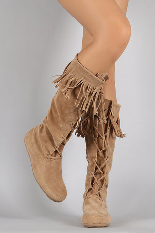 Bamboo Buckled Strap Round Toe Knee High Boots