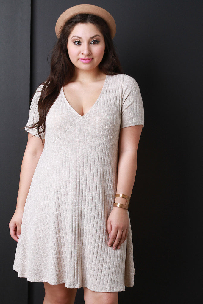 Short Sleeve Ribbed Knit A-Line Dress