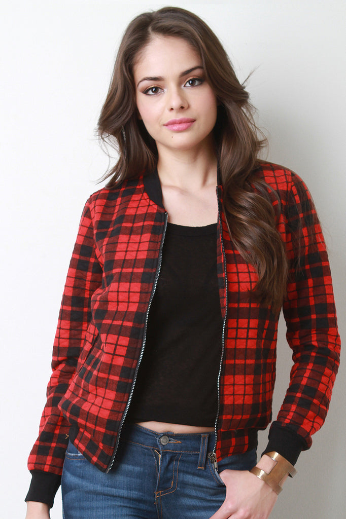 Plaid Zip-Up Bomber Jacket