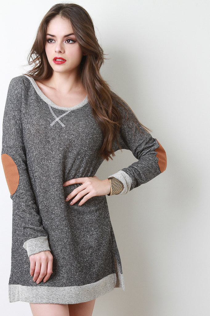 Suede Elbow Patch Terry Knit Shift Dress