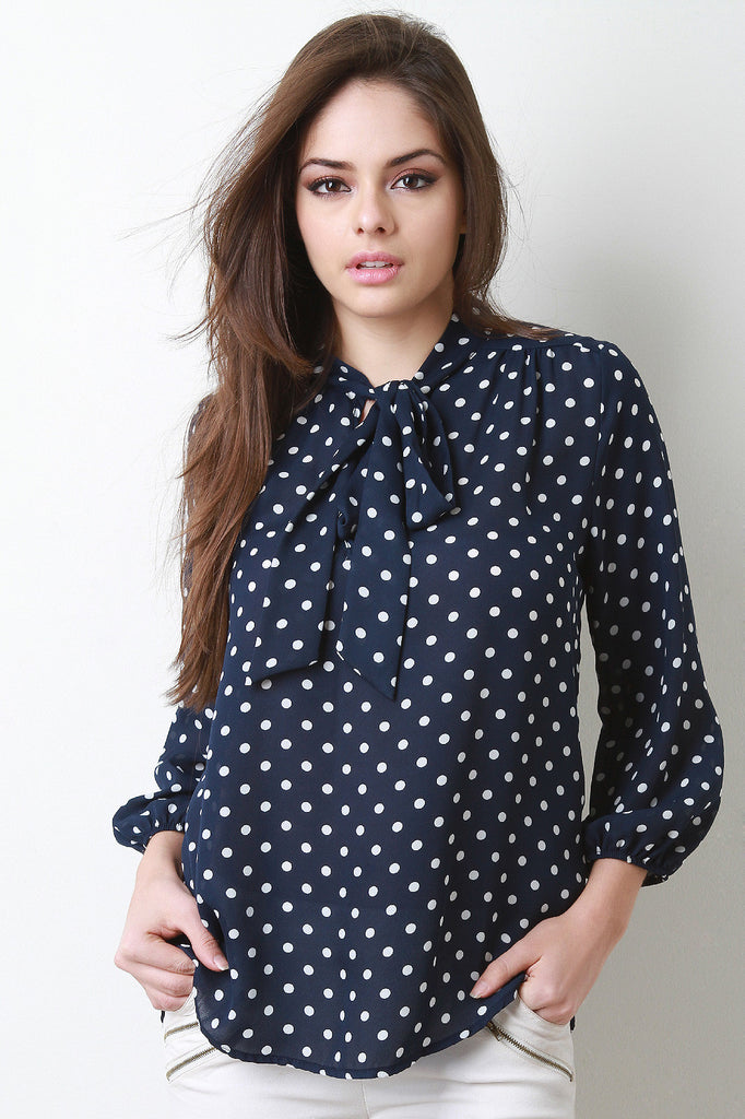 Polka Dot Chiffon Tie Quarter Sleeves Blouse