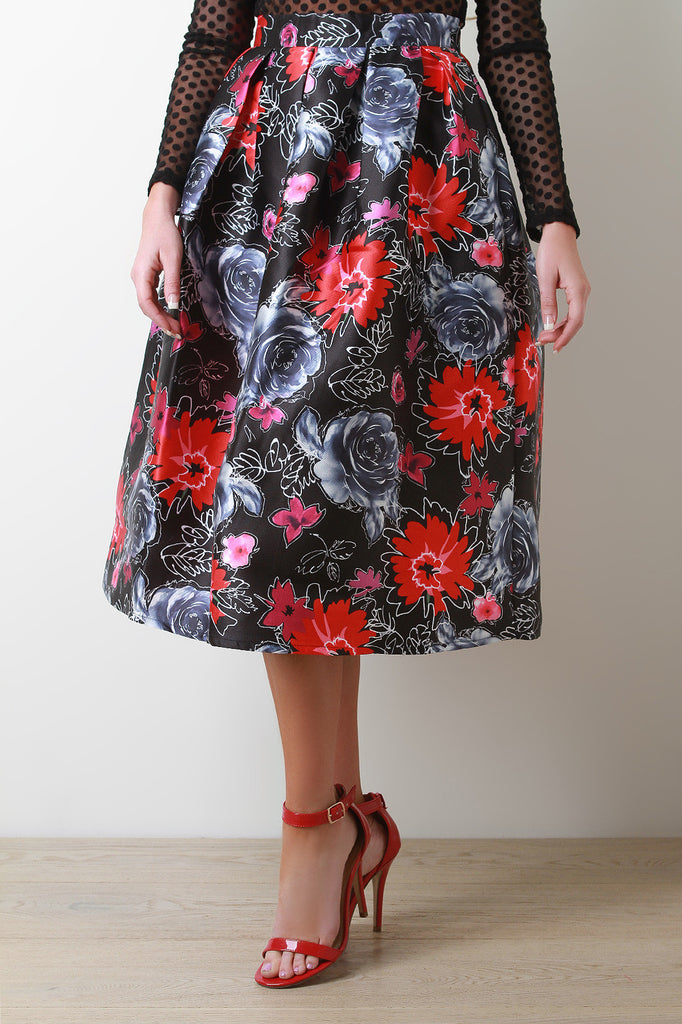 Floral Sketch Box Pleated Skirt