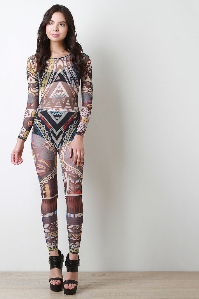 Keyhole Back Tribal Print Semi-Sheer Jumpsuit