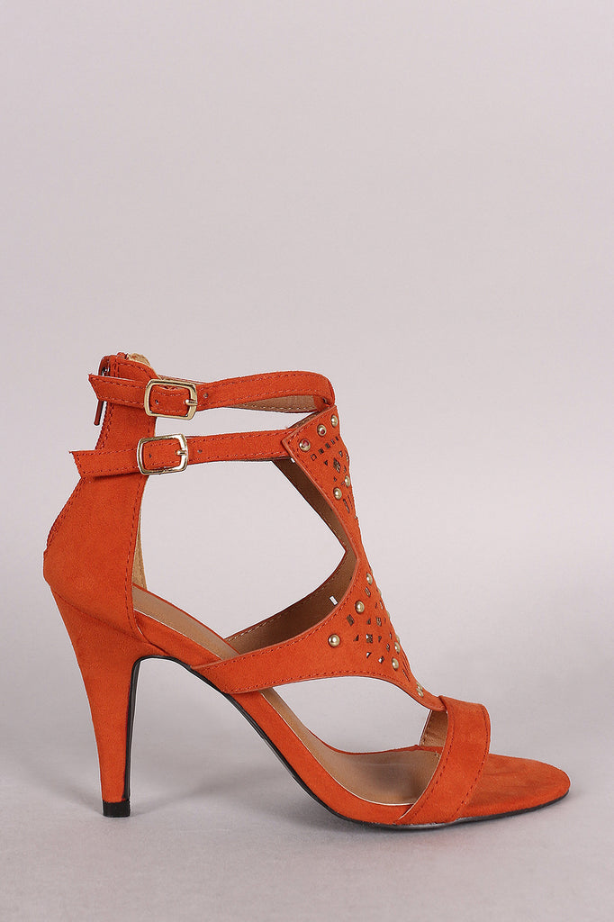 Qupid Suede Perforated And Studded Open Toe Heel
