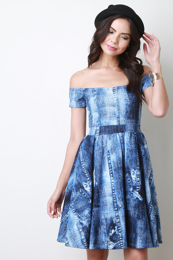 Off The Shoulder Denim Print Skater Dress