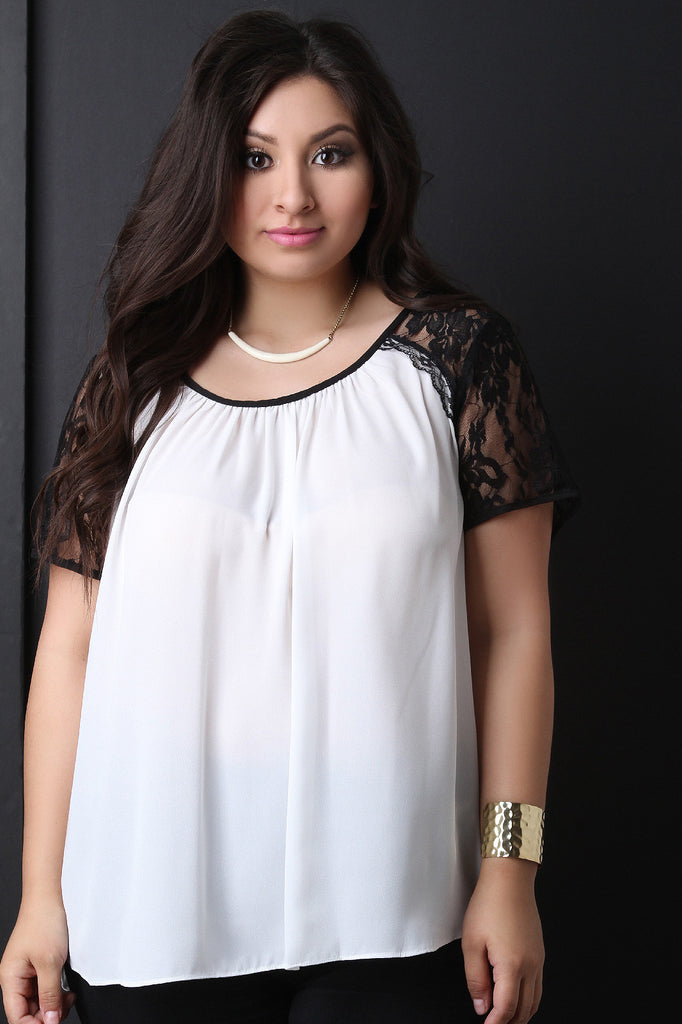 High-Low Floral Lace Sleeve Top