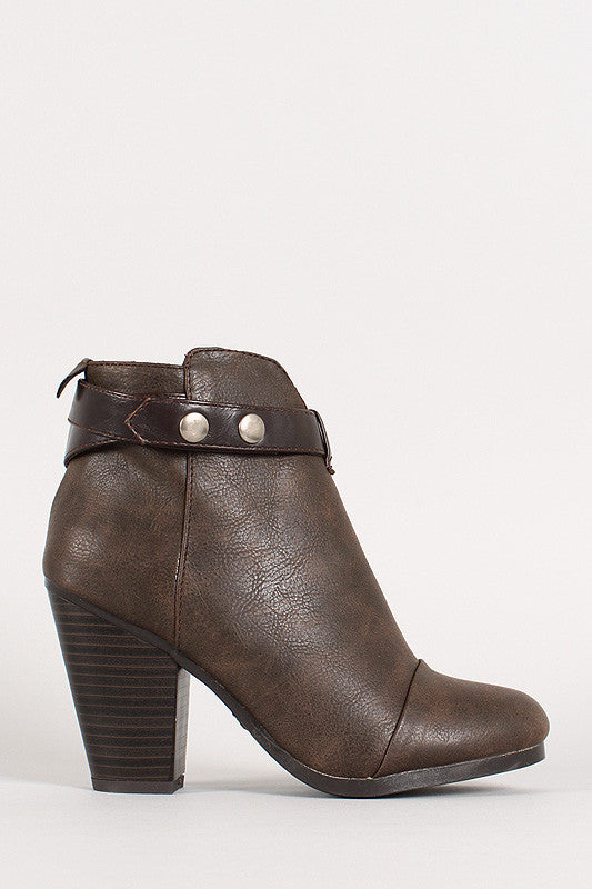 Two-Tone Snap Button Strap Chunky Heel Ankle Bootie