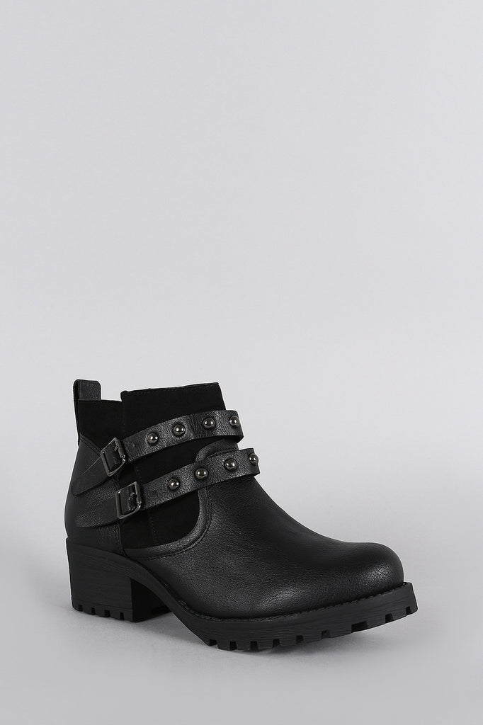 Bamboo Studded Buckle Strap Round Toe Booties