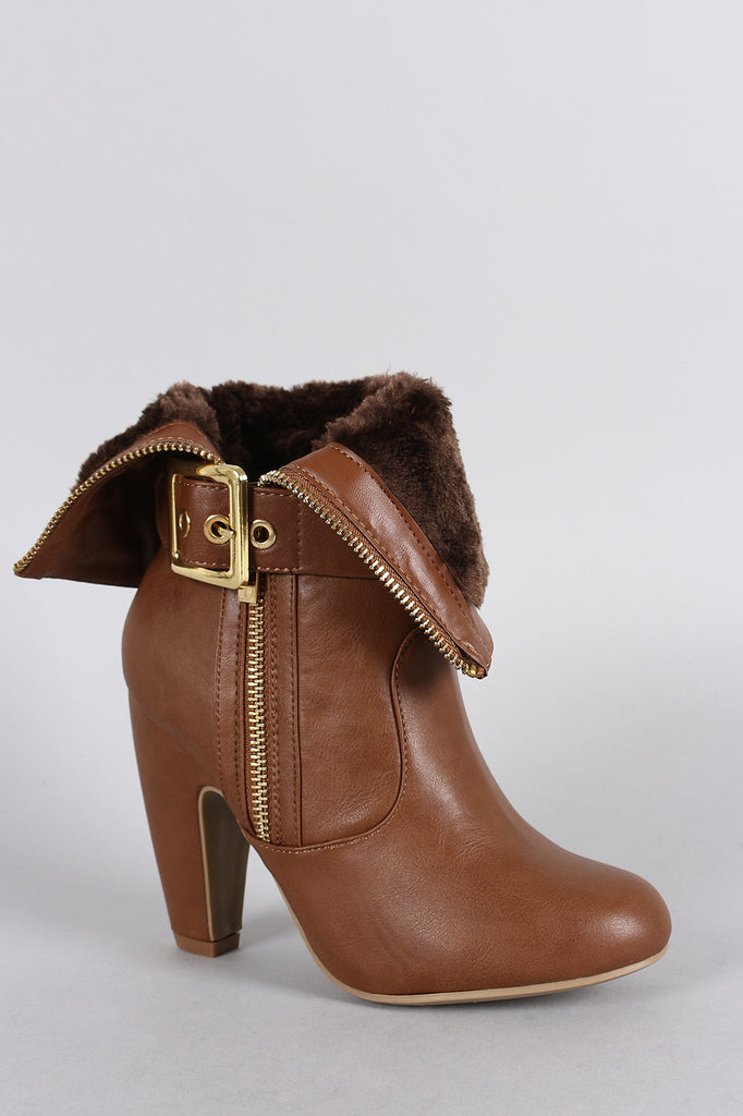 Bamboo Faux Fur Cuff Buckle Strap Heeled Ankle Boots