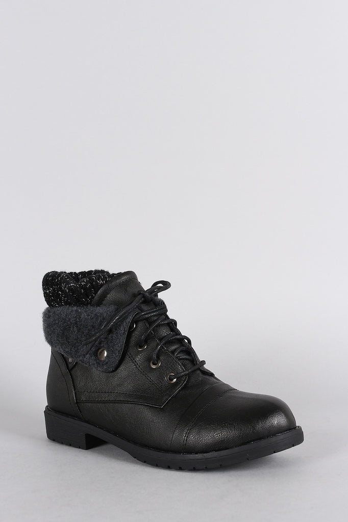 Sweater Fold Over Cuff Round Toe Lace Up Combat Booties