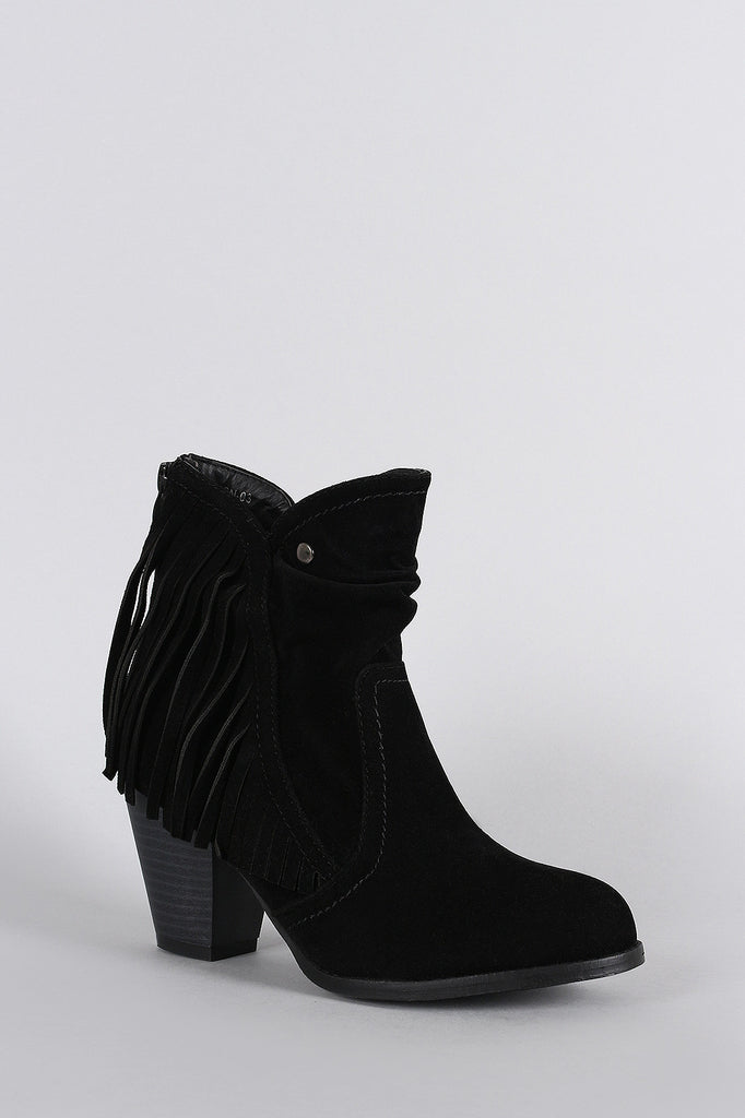 Suede Fringe Ruched Round Toe Heeled Western Ankle Boots