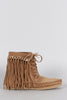 Bamboo Suede Link Chain Fringe Lace Up Moccasin Flat Booties