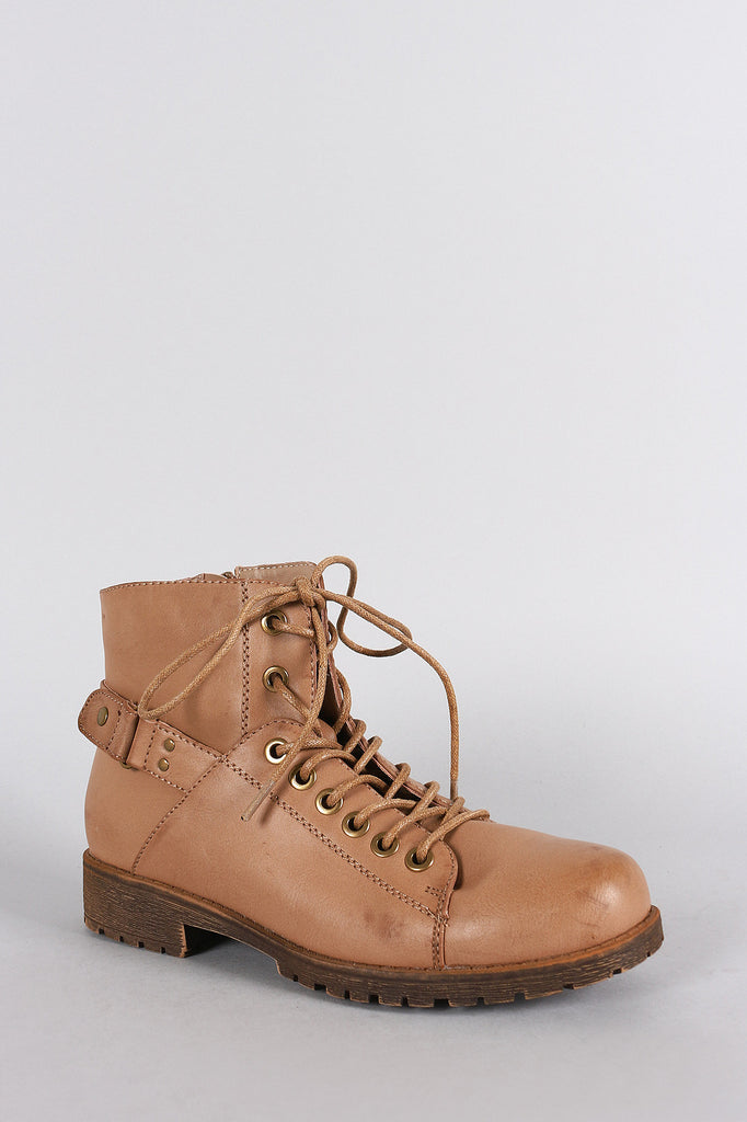 Bamboo Round Toe Combat Lace Up Flat Ankle Boots