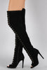 Dollhouse Vegan Suede Lace Up Peep Toe Stiletto Thigh High Boots