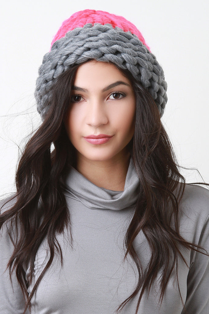 Two-Tone Oversized Knit Beanie