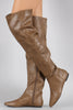 Qupid Patched Pointy Toe Over-The-Knee Flat Boots