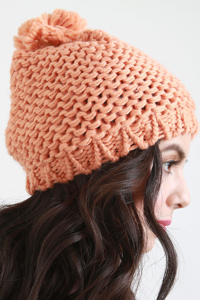 Loose Knit Pom Pom Beanie