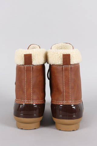 Faux Shearling Cuff Lace Up Duck Ankle Boots