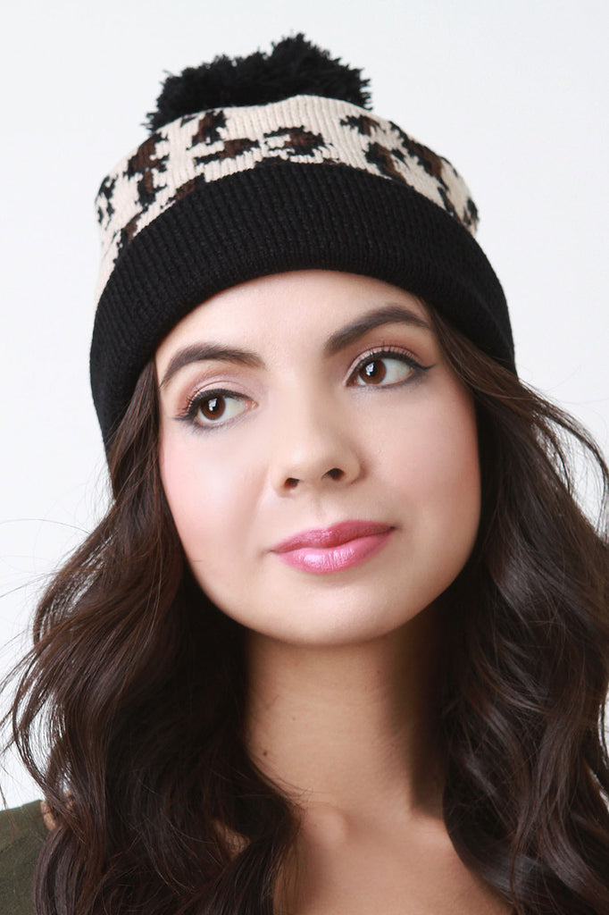 Leopard Knit Pom Pom Beanie