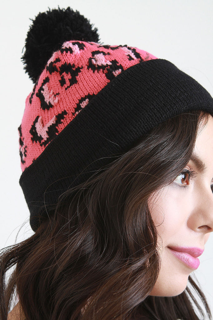 Leopard Knit Pom Pom Beanie