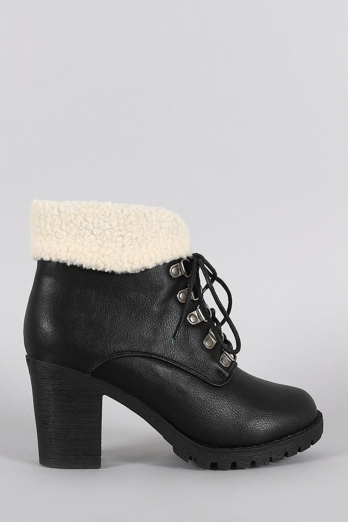 Faux Shearling Cuff Lace Up Heeled Ankle Boots