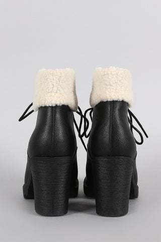 Faux Shearling Cuff Lace Up Heeled Ankle Boots