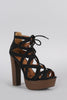 Qupid Snake Caged Lace Up Platform Chunky Heel