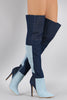Shoe Republic LA Denim Colorblock Patchwork Stiletto Boots