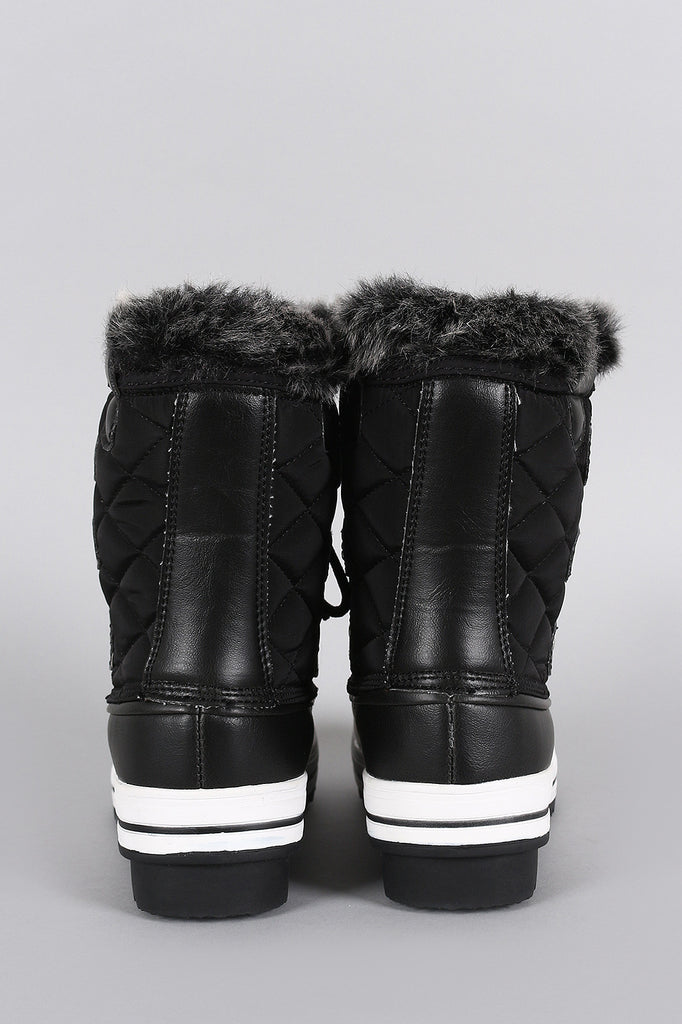 Faux Fur Cuff Lace Up Quilted Nylon Boots