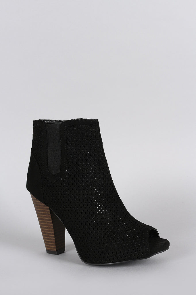 Qupid Perforated Suede Peep Toe Chunky Heeled Booties