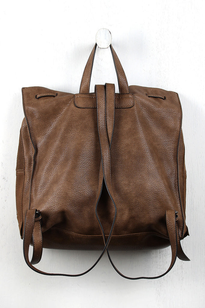 Boxy Suede And Leather Drawstring Backpack