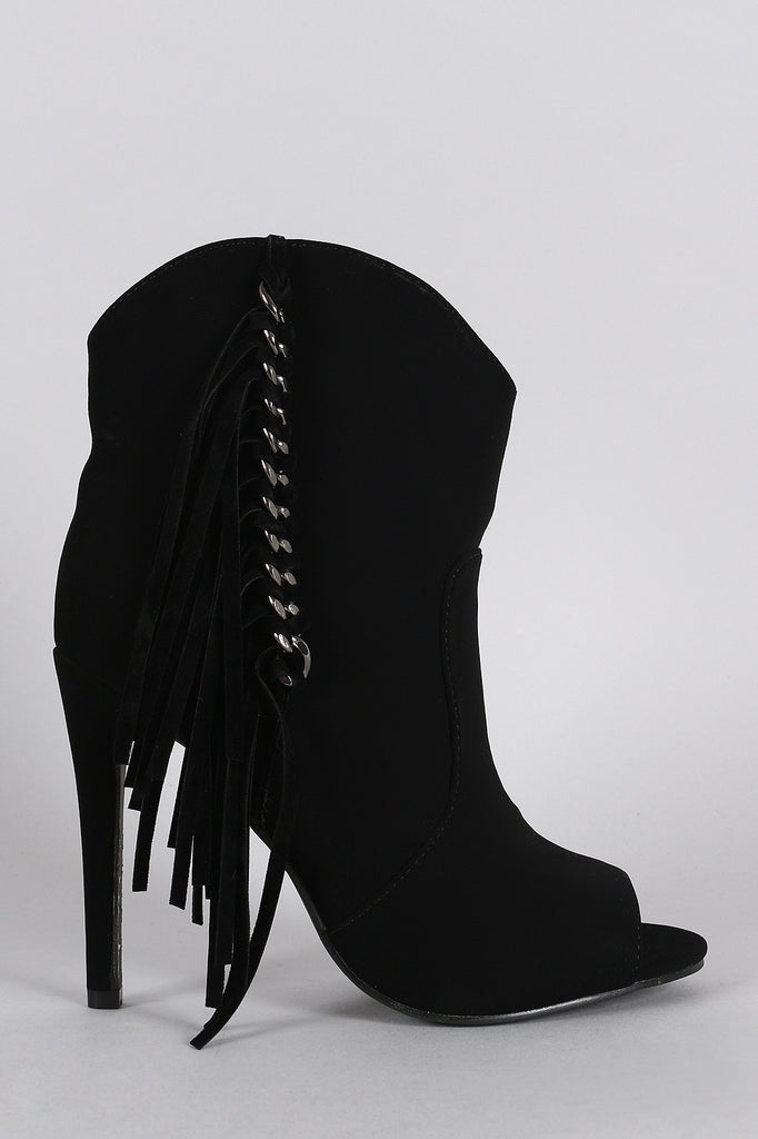 Fringe Chained Peep Toe Stiletto Booties