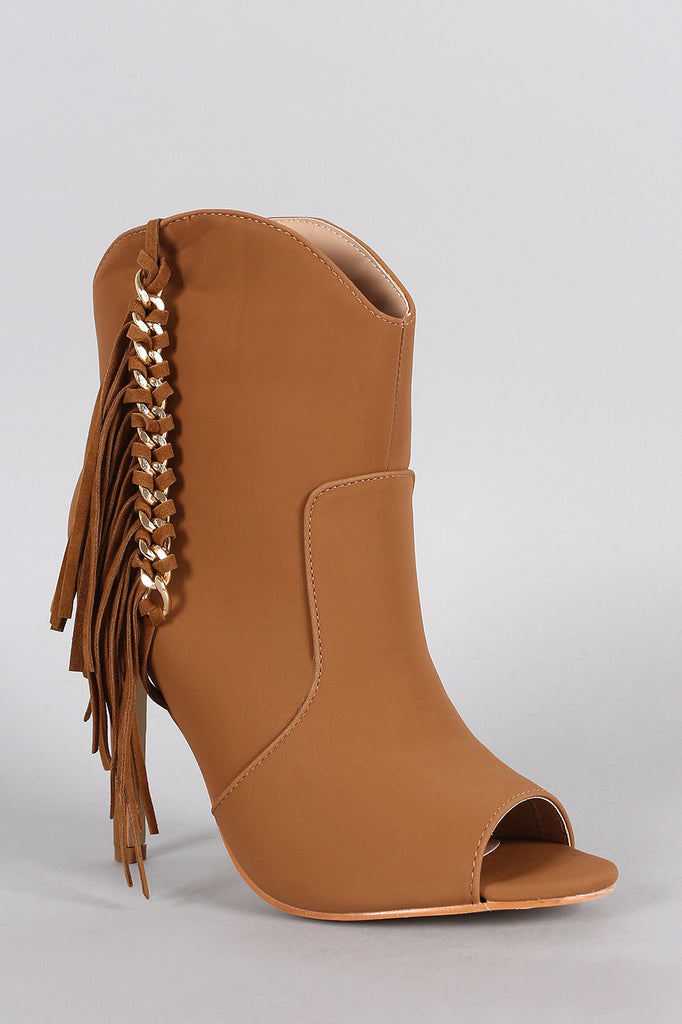 Fringe Chained Peep Toe Stiletto Booties