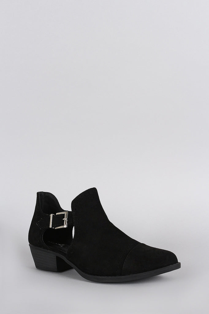 Qupid Perforated Suede Buckled Cutout Cowgirl Ankle Boots