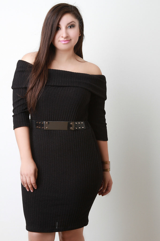 Plate Belt Off Shoulder Ribbed Knit Dress