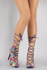 Qupid Graphic Print Corset Lace Up Peep Toe Heel