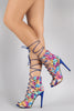 Qupid Graphic Print Corset Lace Up Peep Toe Heel