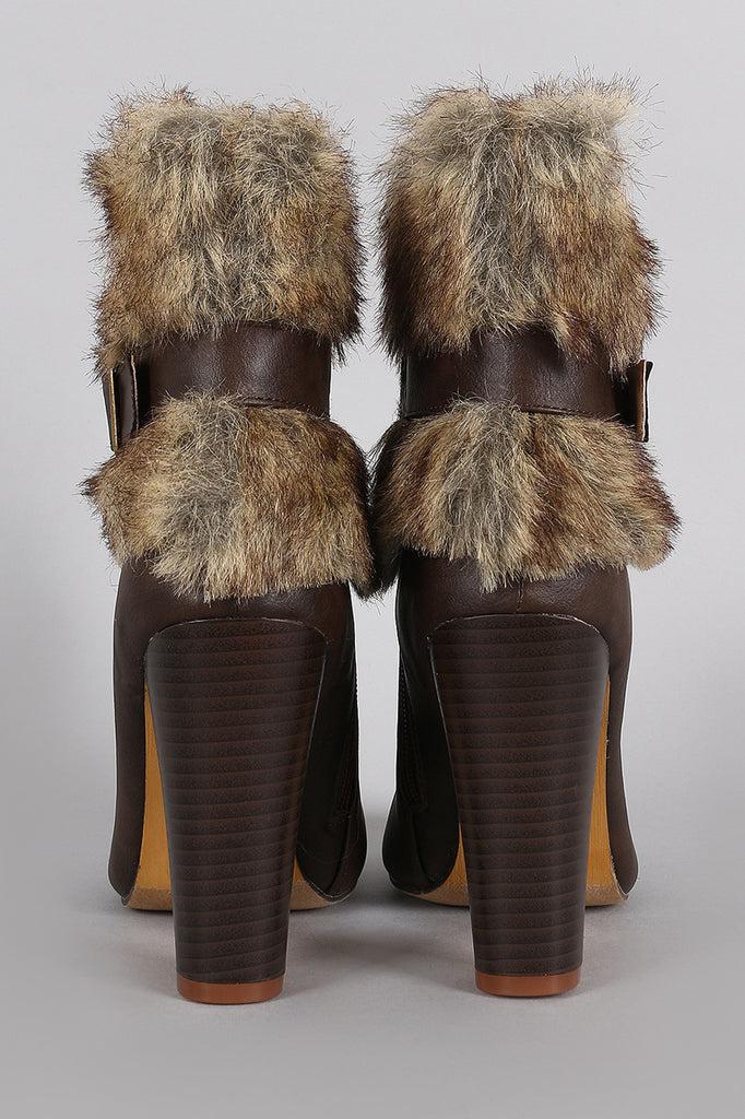 Faux Fur Buckle Almond Toe Ankle Bootie