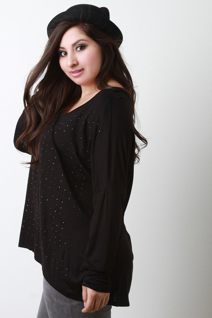 Rhinestone High Low Long Sleeve Top