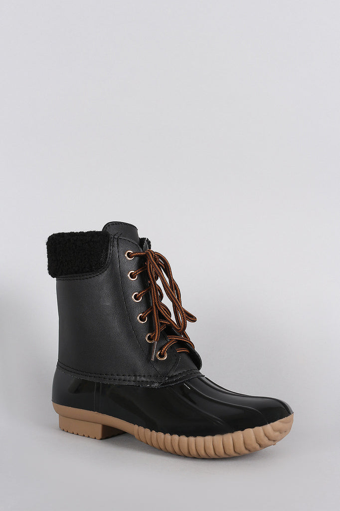 Shearling Cuff Round Toe Lace Up Duck Ankle Boots