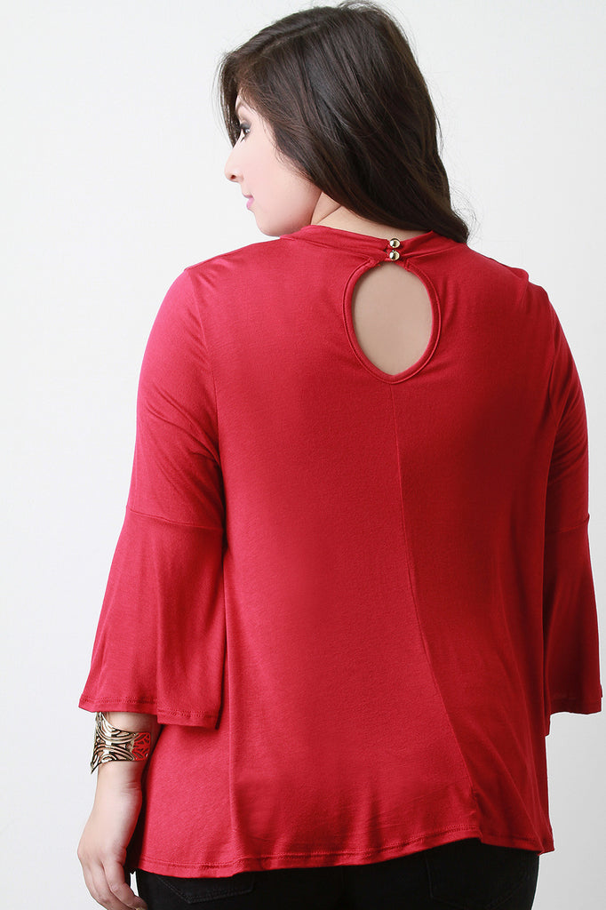 Bell Sleeves Mock Neck Keyhole Top