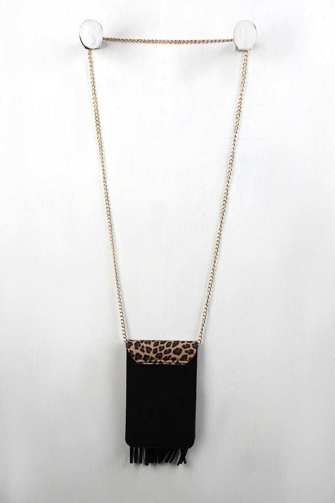 Leopard Flap Suede Fringe Pouch Bag