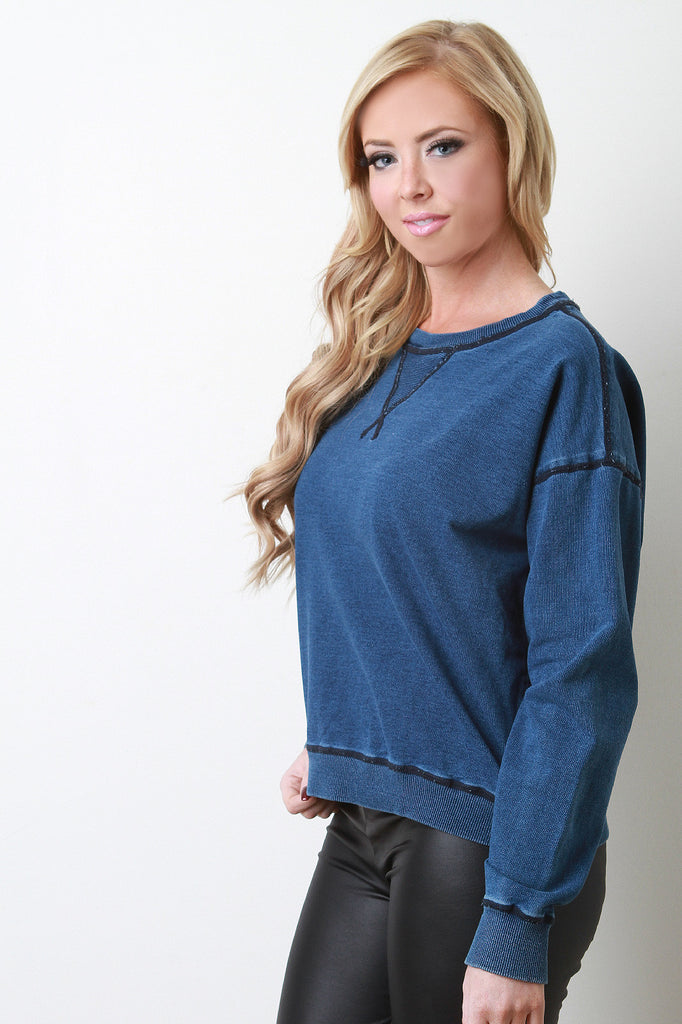 Thick Denim Knit Dropped Shoulder Pullover Top