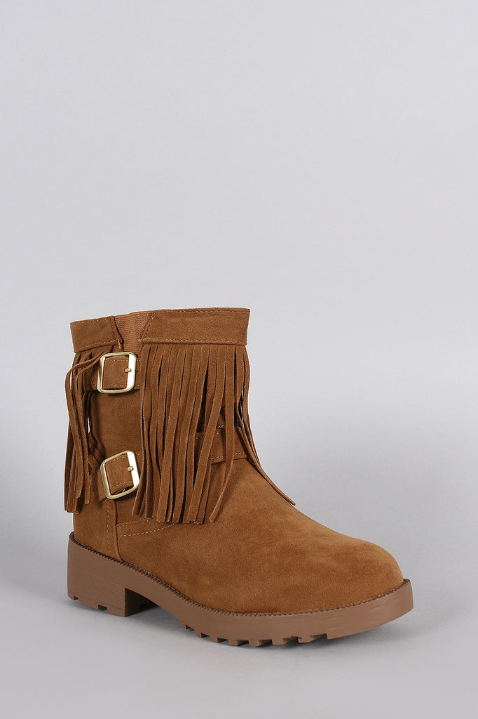 Suede Fringe Side Buckled Ankle Boots