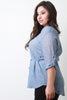 Chambray V-Neck Top Cuffed Sleeves Top