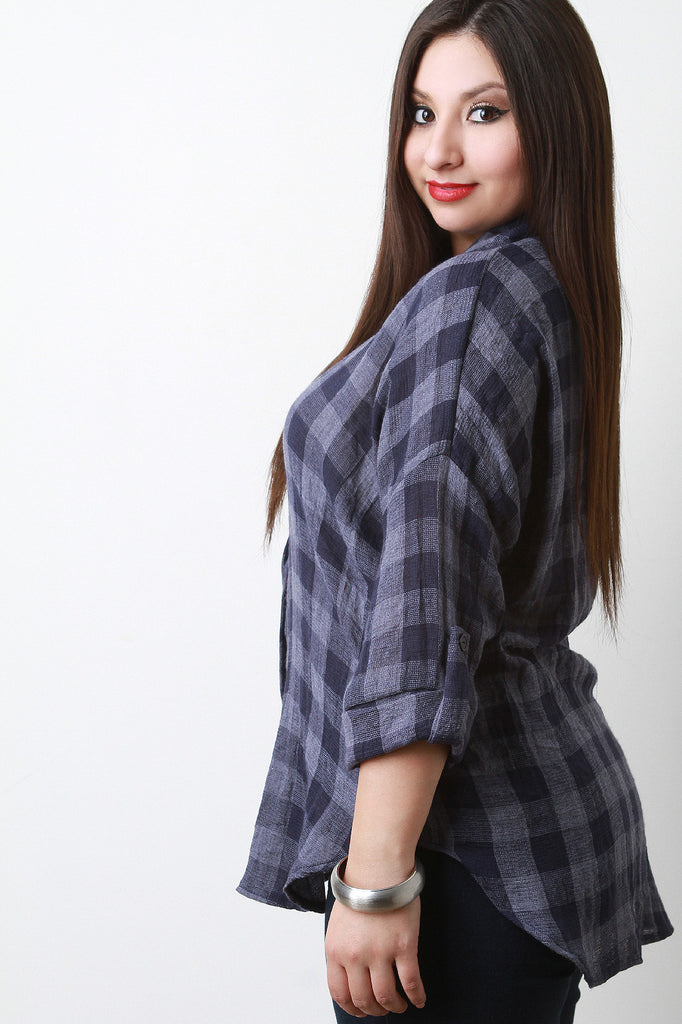 Plaid Pattern Quarter Sleeves Button Up Shirt Top